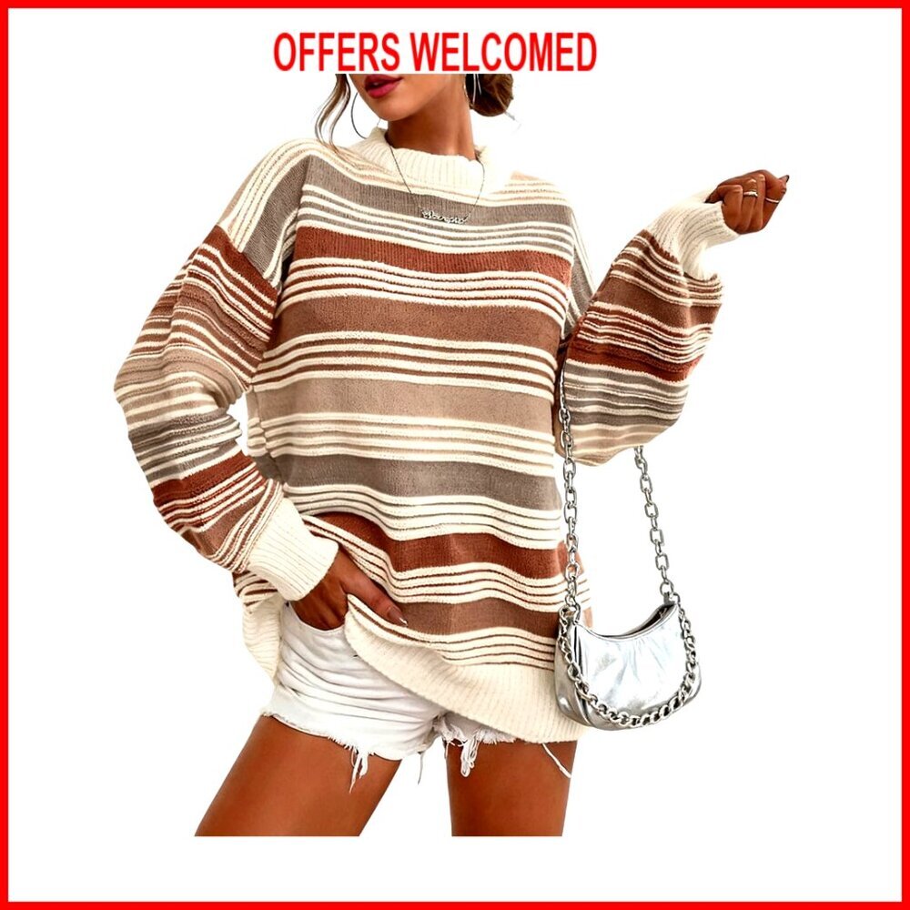 Oversized Striped Pullover Sweater Crewneck Long Sleeve Loose Fit Knit Top